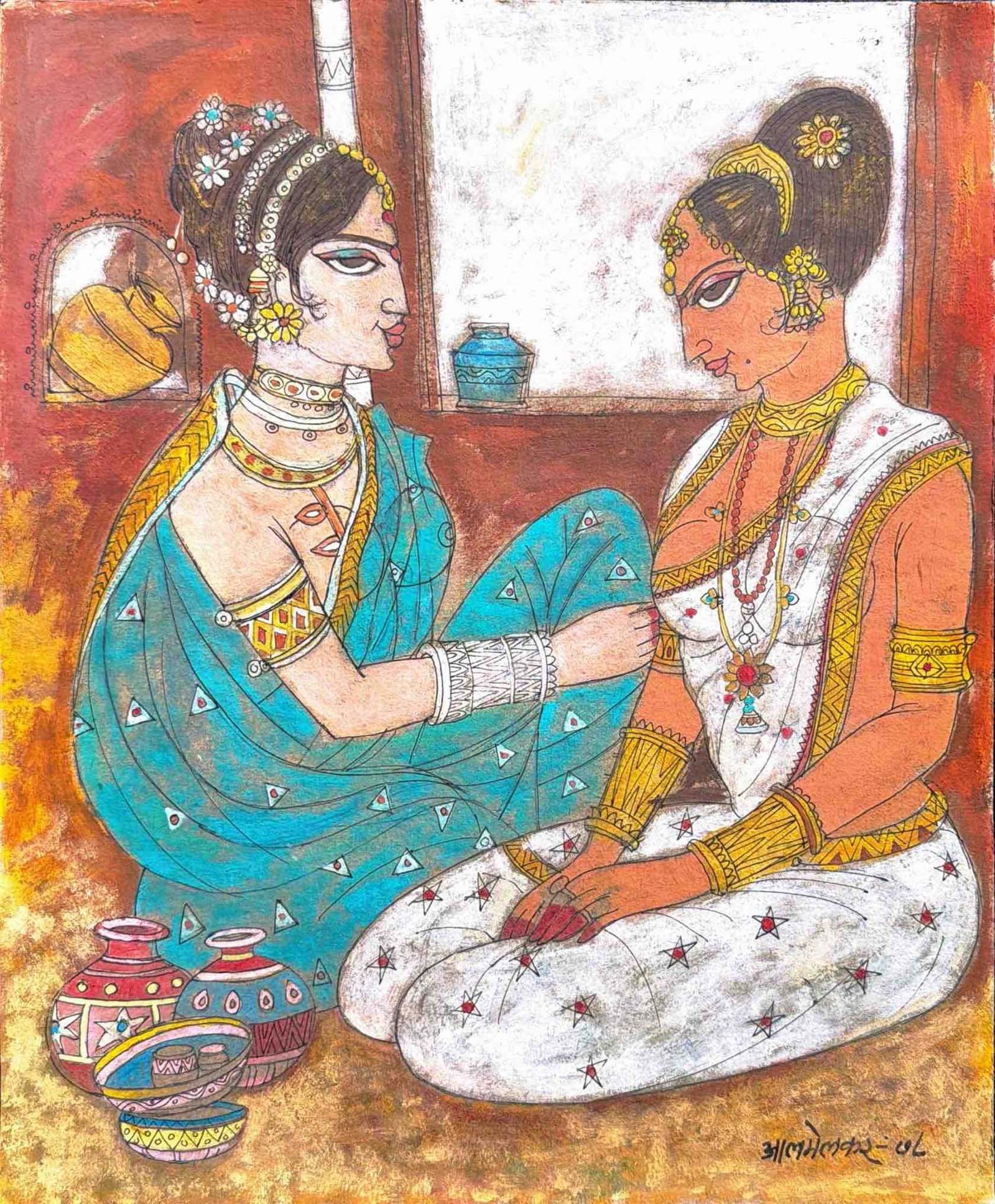A. A. ALMELKAR (INDIA, 1920–1982) WATERCOLOUR ON PAPER TWO WOMEN IN AN INTERIOR 1978 (1 of 1)