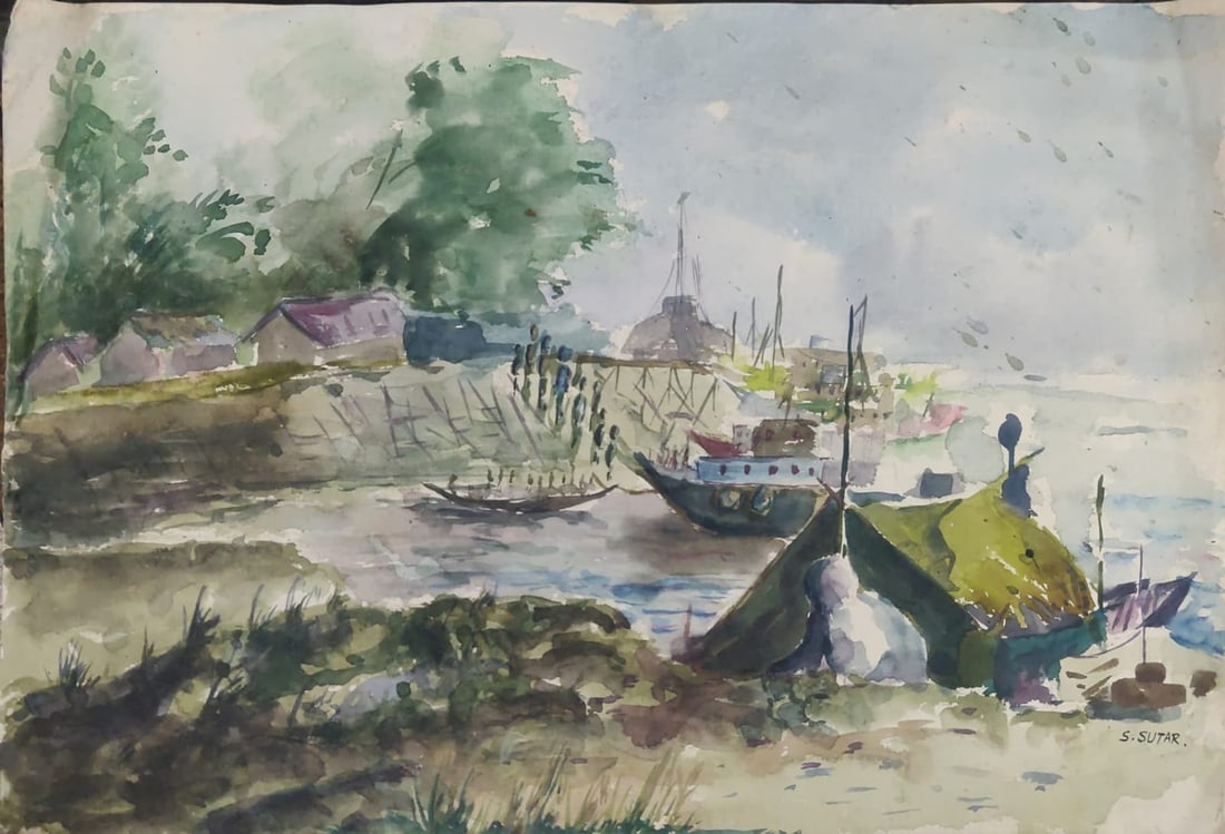 S. SUTHAR (INDIA) WATERCOLOUR ON PAPER RIVERSIDE WITH BOATS: S. SUTHAR (INDIA) WATERCOLOUR ON PAPER RIVERSIDE WITH BOATS THIS SERENE WATERCOLOR COMPOSITION DEPICTS A QUIET RIVERSIDE SCENE WITH MOORED BOATS AND MODEST SETTLEMENTS ALONG THE BANK. EXECUTED WITH FL