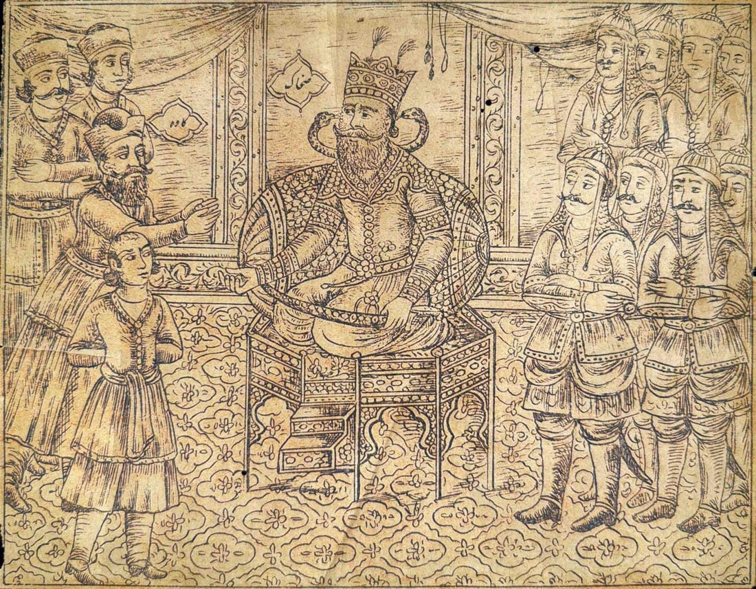 ROYAL COURT SCENE FROM THE SHAHNAMEH (PERSIAN EPIC PRINT): ROYAL COURT SCENE FROM THE SHAHNAMEH (PERSIAN EPIC PRINT)A DETAILED 19TH-CENTURY PERSIAN PRINT DEPICTING A FORMAL COURTLY SCENE FROM THE SHAHNAMEH, FERDOWSI’S EPIC OF KINGS. THE COMPOSITION CENTRES