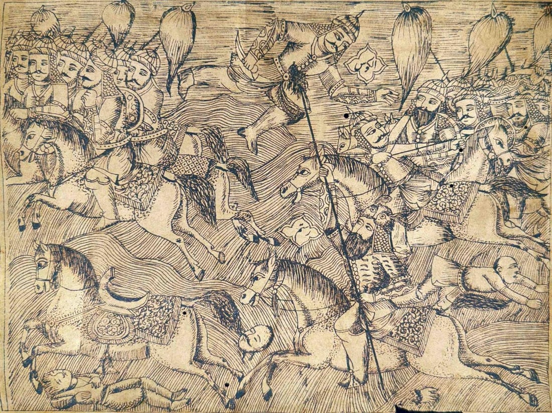 EPIC BATTLE SCENE FROM THE SHAHNAMEH (PERSIAN EPIC PRINT): EPIC BATTLE SCENE FROM THE SHAHNAMEH (PERSIAN EPIC PRINT) A POWERFUL 19TH-CENTURY PERSIAN PRINT DEPICTING A FEROCIOUS BATTLE EPISODE FROM THE SHAHNAMEH, FERDOWSI’S CELEBRATED EPIC OF KINGS AND HEROE