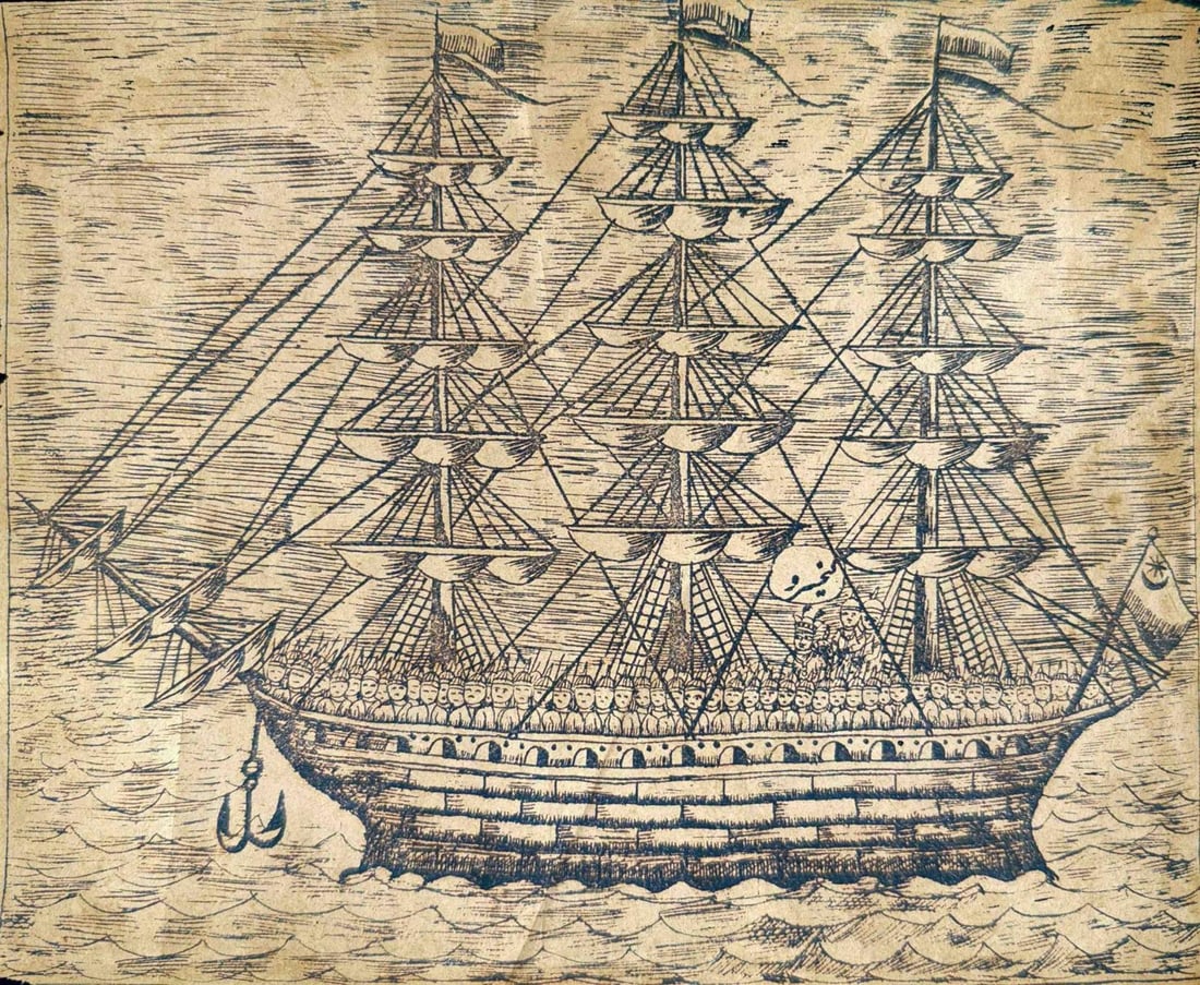 PERSIAN SHAHNAMEH PRINT DEPICTING A ROYAL NAVAL PROCESSION: PERSIAN SHAHNAMEH PRINT DEPICTING A ROYAL NAVAL PROCESSION THIS PERSIAN PRINT, INSPIRED BY THE EPIC NARRATIVES OF THE SHAHNAMEH (BOOK OF KINGS), PRESENTS A STRIKING MARITIME SCENE FEATURING A GRAND