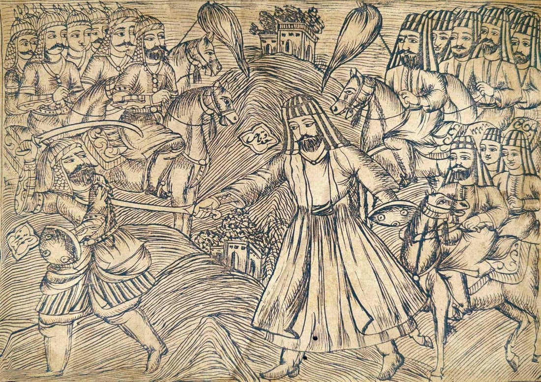 19TH CENTURY PERSIAN SHAHNAMEH PRINT DEPICTING A HEROIC BATTLE SCENE: 19TH CENTURY PERSIAN SHAHNAMEH PRINT DEPICTING A HEROIC BATTLE SCENETHIS 19TH CENTURY PERSIAN PRINT, DERIVED FROM THE EPIC TRADITION OF THE SHAHNAMEH (BOOK OF KINGS), DEPICTS A DRAMATIC SCENE OF