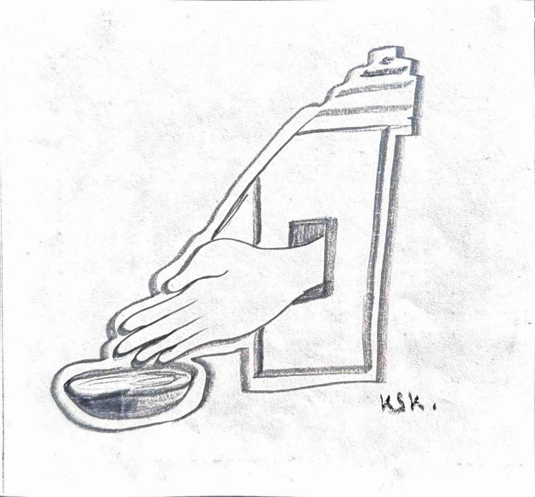 K.S. KULKARNI (INDIA, 1916–1994) – FIGURATIVE STUDY OF HAND AND VESSEL, CHARCOAL ON PAPER: K.S. KULKARNI (INDIA, 1916–1994) – FIGURATIVE STUDY OF HAND AND VESSEL, CHARCOAL ON PAPER A STRIKING FIGURATIVE COMPOSITION BY K.S. KULKARNI EXECUTED IN CHARCOAL ON PAPER, DEPICTING A STYLIZED HAN