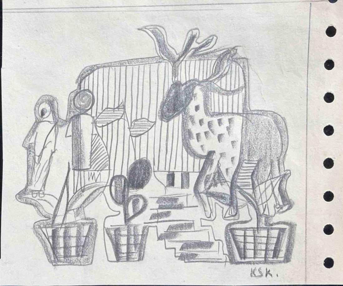 K.S. KULKARNI (INDIA, 1916–1994) – FIGURATIVE COMPOSITION WITH HUMAN AND ANIMAL FORMS, CHARCOAL: K.S. KULKARNI (INDIA, 1916–1994) – FIGURATIVE COMPOSITION WITH HUMAN AND ANIMAL FORMS, CHARCOAL ON PAPER A COMPELLING FIGURATIVE COMPOSITION BY K.S. KULKARNI EXECUTED IN CHARCOAL ON PAPER, PRESENT