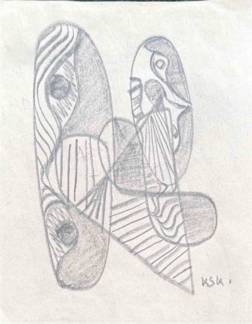 K.S. KULKARNI (INDIA, 1916–1994) – ABSTRACT GEOMETRIC-BIOMORPHIC COMPOSITION, CHARCOAL ON PAPER: K.S. KULKARNI (INDIA, 1916–1994) – ABSTRACT GEOMETRIC-BIOMORPHIC COMPOSITION, CHARCOAL ON PAPER A STRIKING ABSTRACT COMPOSITION BY K.S. KULKARNI EXECUTED IN CHARCOAL ON PAPER, FEATURING A SOPHISTI