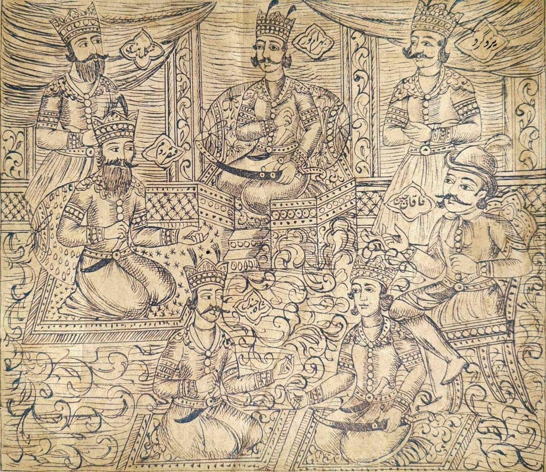 19TH CENTURY INK PRINT ON PAPER PERSIAN SCENE FROM THE SHAHNAMEH (COURTLY ASSEMBLY): 19TH CENTURY INK PRINT ON PAPER PERSIAN SCENE FROM THE SHAHNAMEH (COURTLY ASSEMBLY)THIS DETAILED 19TH CENTURY PERSIAN PRINT ILLUSTRATES A COURTLY SCENE FROM THE SHAHNAMEH, FERDOWSI’S EPIC BOOK OF KI