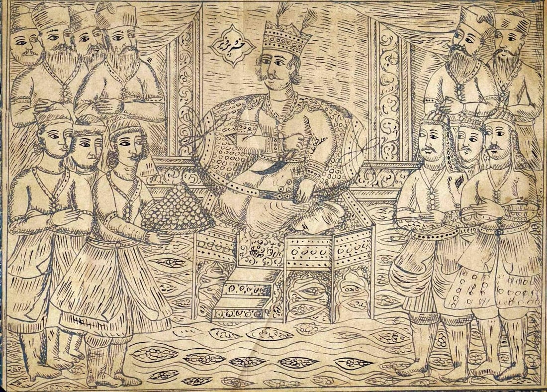 19TH CENTURY PERSIAN PRINT SCENE FROM THE SHAHNAMEH (ROYAL COURTLY ASSEMBLY): 19TH CENTURY PERSIAN PRINT SCENE FROM THE SHAHNAMEH (ROYAL COURTLY ASSEMBLY)THIS 19TH CENTURY PERSIAN PRINT DEPICTS A FORMAL COURTLY ASSEMBLY FROM THE SHAHNAMEH, FERDOWSI’S EPIC BOOK OF KINGS. AT TH