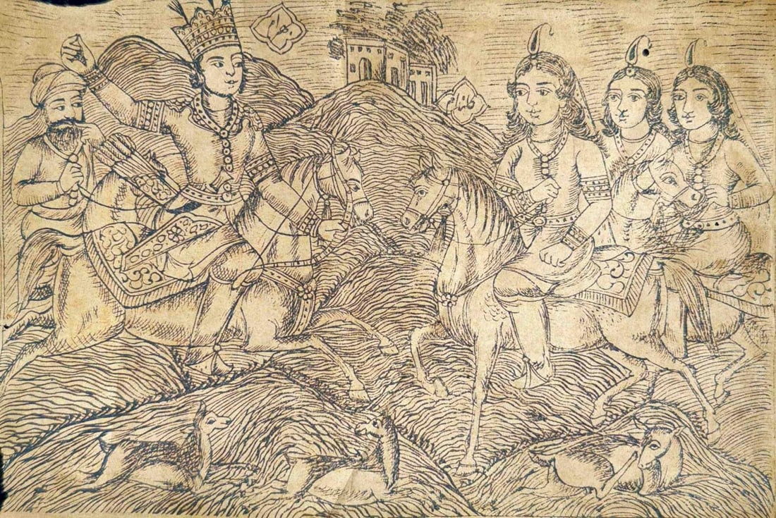 19TH CENTURY PERSIAN PRINT SCENE FROM THE SHAHNAMEH ROYAL FIGURES ON HORSEBACK (1 of 1)