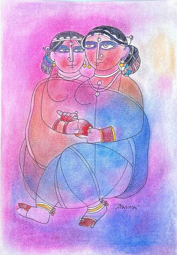 RAMANANDA BANDYOPADHYAY (B. 1936) TWO SISTERSWATER COLOUR WASH (1 of 2)