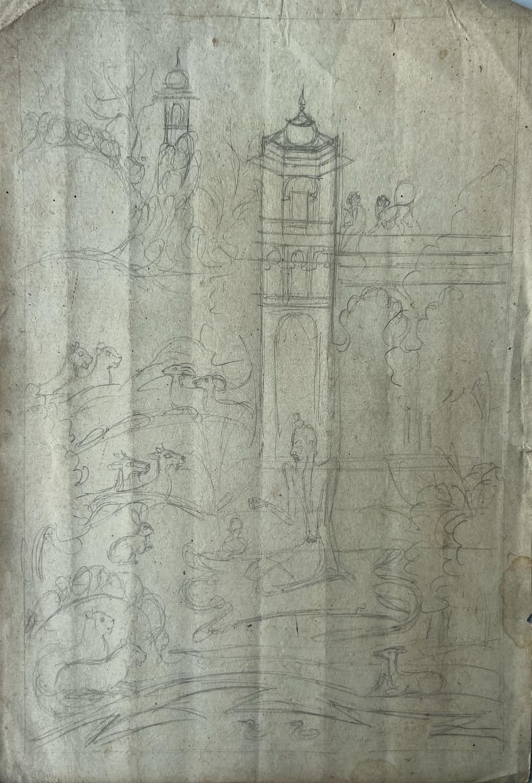 INDIAN MINIATURE PAINTING SKETCH – MUGHAL SCHOOL, SAINT SEATED OUTSIDE A MOSQUE WITH ANIMAL: INDIAN MINIATURE PAINTING SKETCH – MUGHAL SCHOOL, SAINT SEATED OUTSIDE A MOSQUE WITH ANIMAL THIS REFINED MINIATURE SKETCH FROM THE MUGHAL SCHOOL DEPICTS A SAINT IN MEDITATIVE REPOSE OUTSIDE A MOSQUE