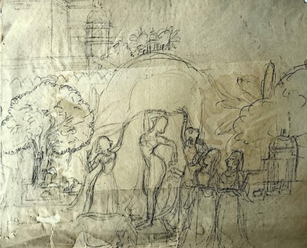 INDIAN MINIATURE PAINTING SKETCH – BATHING SCENE OF A PRINCESS IN PALACE (1 of 1)