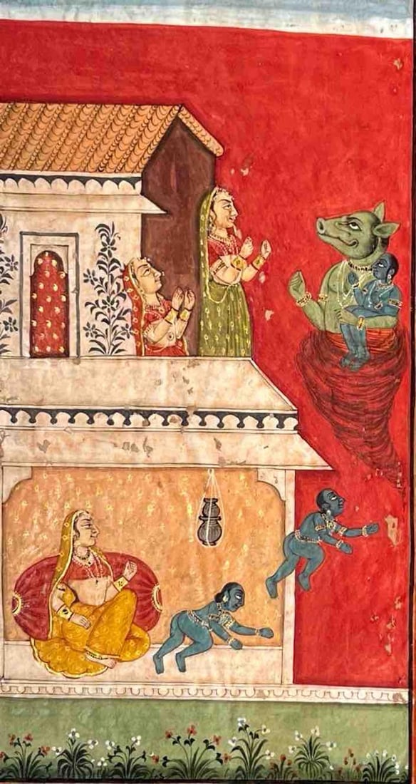 VARAHA AVATAR BLESSING DEVAKI – A SCENE FROM KRISHNA'S INFANCY INDIAN MINIATURE PAINTING (1 of 1)