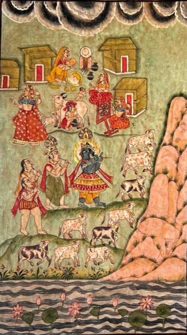 KRISHNA PLAYING FLUTE AMONG GOPIS AND COWS – GOVARDHAN SCENEINDIAN MINIATURE PAINTING (1 of 1)