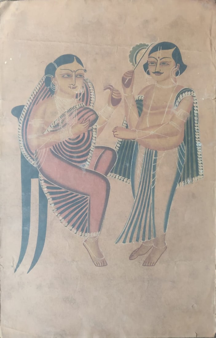 COUPLE IN CONVERSATION – KALIGHAT BENGAL SACHOOL PAINTING: COUPLE IN CONVERSATION – KALIGHAT BENGAL SACHOOL PAINTING THIS TRADITIONAL KALIGHAT PAT PAINTING SHOWS A MAN AND WOMAN ENGAGED IN A QUIET MOMENT OF TOGETHERNESS. THE WOMAN, SEATED AND DRAPED IN A ST