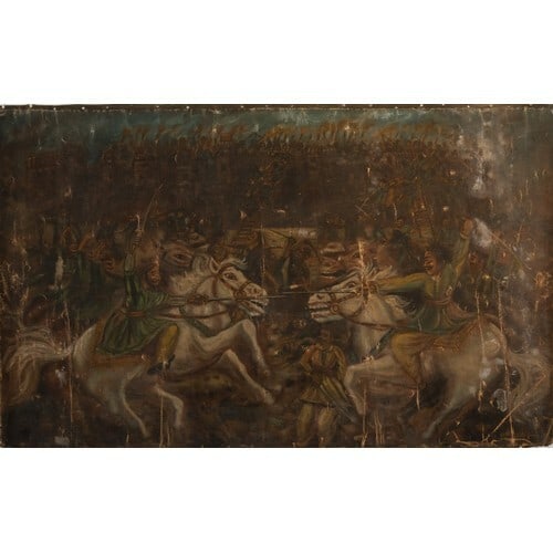 A RARE SIKH SCHOOL PAINTING OF A WAR SCENE, OIL ON CANVAS.: A RARE SIKH SCHOOL PAINTING OF A WAR SCENE, OIL ON CANVAS, EARLY 20TH CENTURY. THIS EXCLUSIVE FINE ART COLLECTIBLE REPRESENTS A CURATED SELECTION SPANNING 18TH CENTURY ART, 19TH CENTURY ART, 20TH CENT