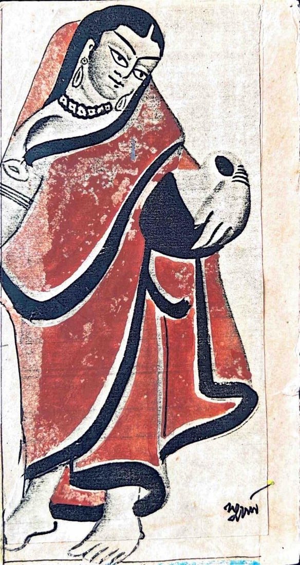 TRIBAL WOMAN IN FOLK ART STYLE SIGNED BYARTIST - KALIGHAT BENGAL SACHOOL OF PAINTING: TRIBAL WOMAN IN FOLK ART STYLE SIGNED BYARTIST - KALIGHAT BENGAL SACHOOL OF PAINTING A STYLIZED PORTRAIT OF A WOMAN DEPICTED IN A TRADITIONAL INDIAN FOLK ART STYLE, CHARACTERIZED BY BOLD OUTLINES AND