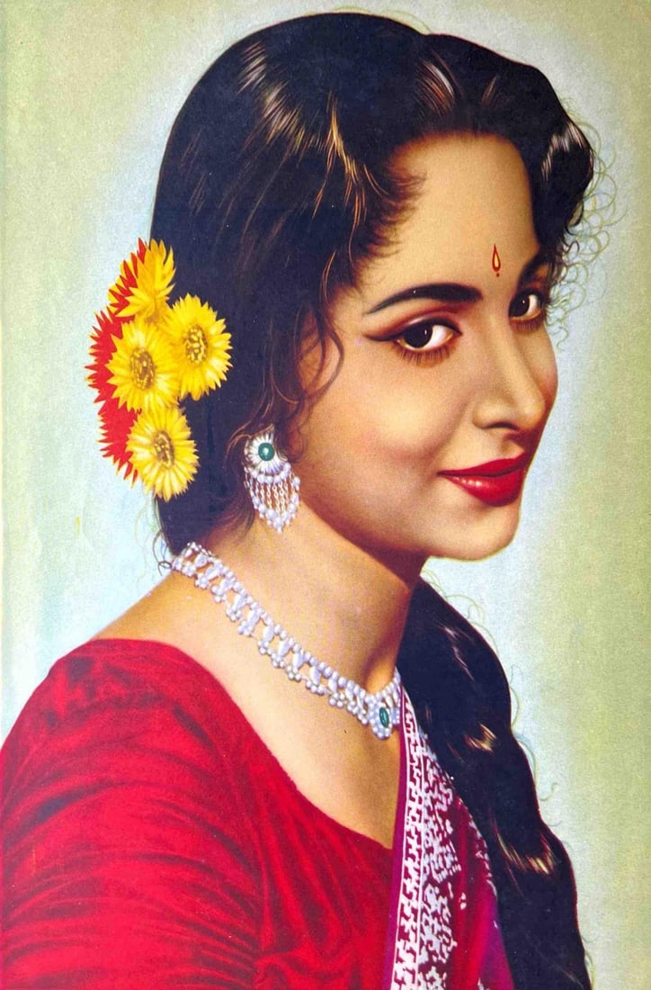 TIMELESS GRACE IN TRADITIONAL ELEGANCE - PRINT: TIMELESS GRACE IN TRADITIONAL ELEGANCE - PRINT A VINTAGE PORTRAIT OF A WOMAN IN A DEEP RED SARI, ADORNED WITH PEARL JEWELRY AND BRIGHT YELLOW FLOWERS IN HER HAIR. HER CHARMING SMILE, DELICATE BINDI, A