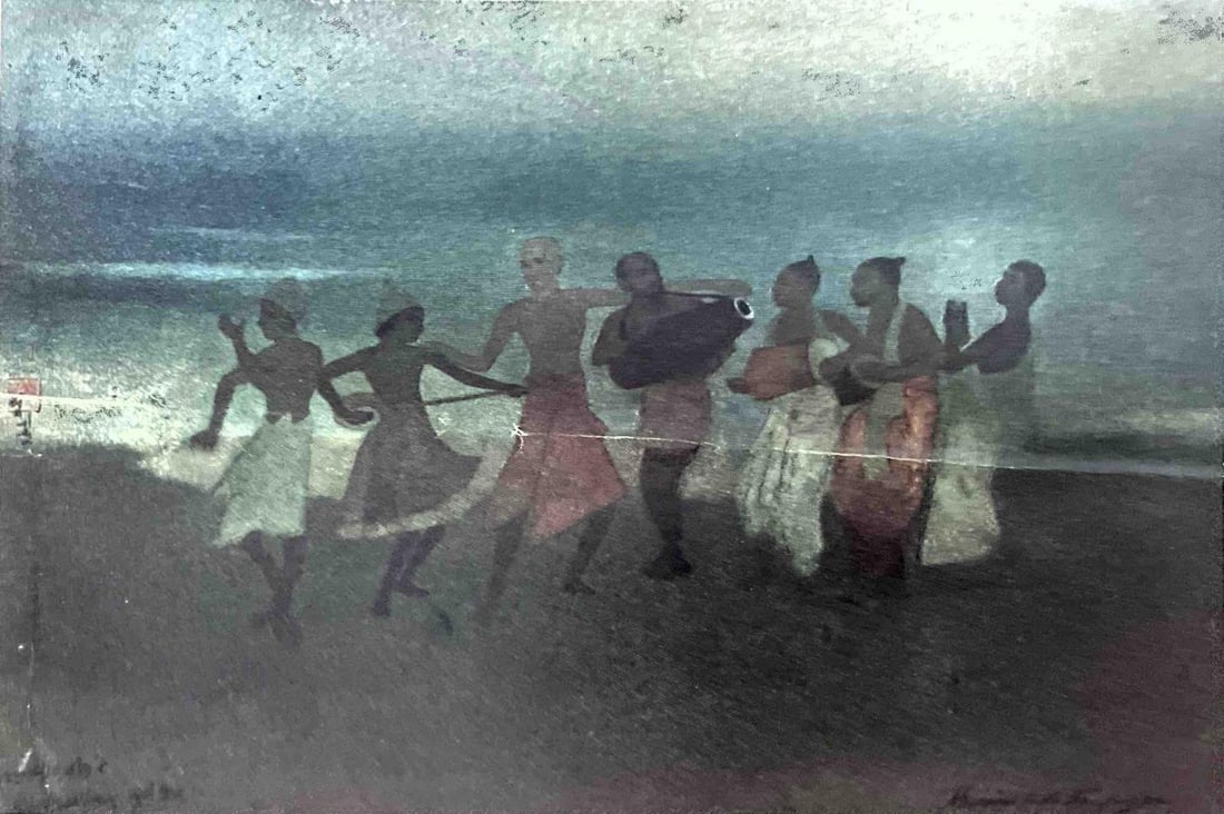 DEVOTIONAL RHYTHMS IN DANCE AND MUSIC - PRINT: DEVOTIONAL RHYTHMS IN DANCE AND MUSIC - PRINT A MESMERIZING PAINTING OF A GROUP OF DEVOTEES ENGAGED IN A TRADITIONAL DANCE, ACCOMPANIED BY MUSICIANS PLAYING FOLK INSTRUMENTS UNDER A DREAMY SKY. THEIR 