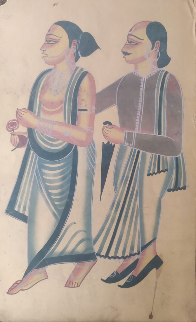 COUPLE WITH FLOWER AND UMBRELLA – KALIGHAT: COUPLE WITH FLOWER AND UMBRELLA – KALIGHAT THIS ELEGANT KALIGHAT PAT PAINTING FEATURES A COUPLE IN TRADITIONAL ATTIRE, WALKING SIDE BY SIDE. THE WOMAN, DRAPED IN A FLOWING SARI, HOLDS A FLOWER AND A