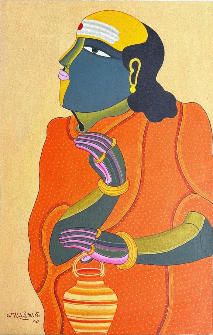 WOMAN WITH WATER POT – THOTA VAIKUNTAM ACRYLIC ON CANVAS: WOMAN WITH WATER POT – THOTA VAIKUNTAM ACRYLIC ON CANVAS THIS VIBRANT PAINTING BY THOTA VAIKUNTAM FEATURES A TRADITIONAL TELANGANA WOMAN HOLDING A WATER POT. THE ARTWORK STANDS OUT FOR ITS BOLD COLO