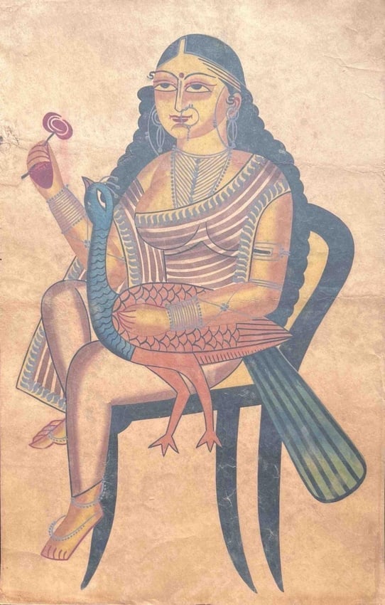 KALIGHAT PATUA ARTIST SEATED WOMAN WITH PEACOCK l 12.5 × 19 IN: KALIGHAT PATUA ARTIST SEATED WOMAN WITH PEACOCK l 12.5 × 19 IN THIS PAINTING DEPICTS A SEATED WOMAN HOLDING A FLOWER AND A PEACOCK RESTING ON HER LAP, SYMBOLIZING BEAUTY, GRACE, AND SPIRITUALITY. HER