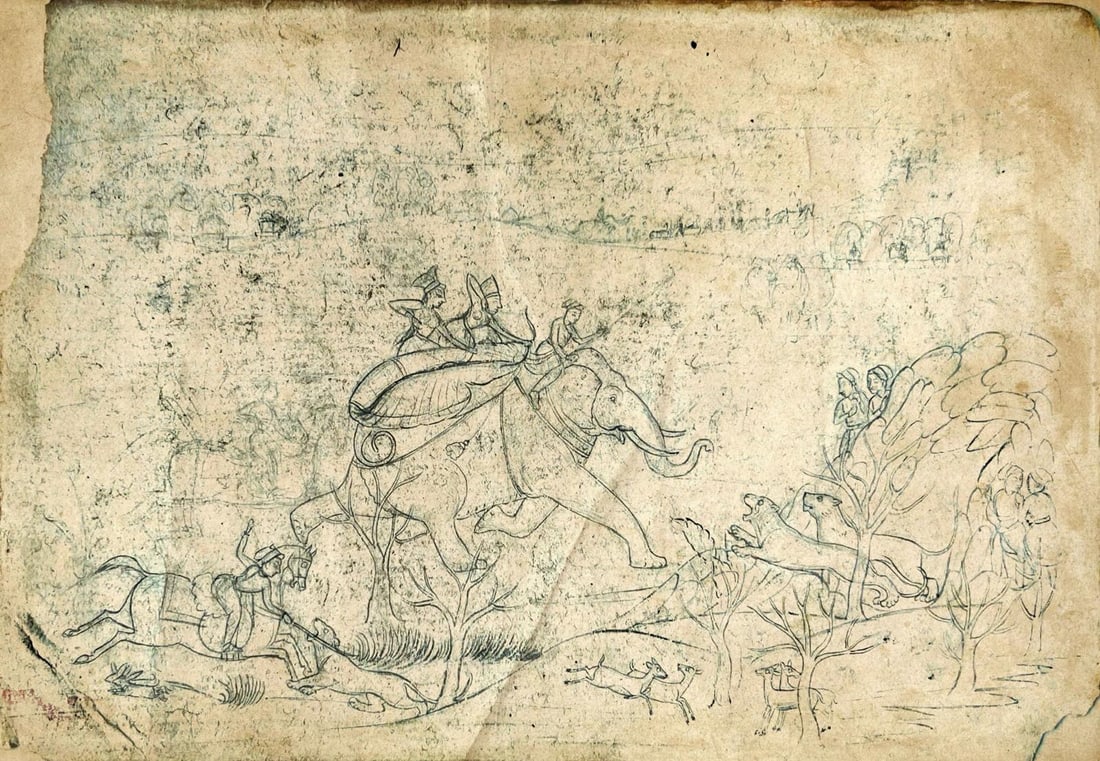 INDIAN MINIATURE SKETCH – UDAIPUR SCHOOL, SIKAR SCENE WITH REAR PORTRAIT OF PRINCESS HUNTING: INDIAN MINIATURE SKETCH – UDAIPUR SCHOOL, SIKAR SCENE WITH REAR PORTRAIT OF PRINCESS HUNTINGAN ELEGANT MINIATURE SKETCH FROM THE UDAIPUR SCHOOL, FEATURING A SIKAR (HUNTING) SCENE WITH A RARE REAR PO