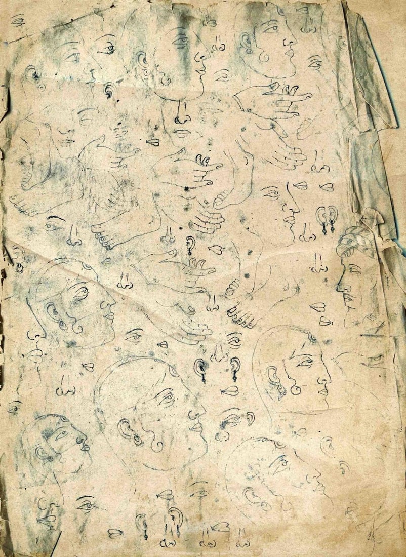 INDIAN MINIATURE PAINTING SKETCH – RAJASTHAN, STUDY OF FACIAL EXPRESSIONS: INDIAN MINIATURE PAINTING SKETCH – RAJASTHAN, STUDY OF FACIAL EXPRESSIONSA FOCUSED MINIATURE SKETCH FROM RAJASTHAN, EXEMPLIFYING A STUDY OF FACIAL EXPRESSIONS TYPICAL OF THE REGION’S MINIATURE ART