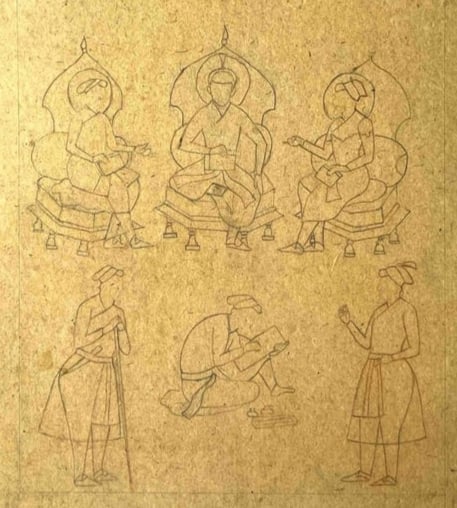 INDIAN MUGHAL MINIATURE SKETCH – ROYAL COURT SCENE INCLUDING ARTIST PAINTING MINIATURE, SEATED ON: INDIAN MUGHAL MINIATURE SKETCH – ROYAL COURT SCENE INCLUDING ARTIST PAINTING MINIATURE, SEATED ON THE FLOORA DETAILED MUGHAL MINIATURE SKETCH DEPICTING A ROYAL COURT SCENE WHERE AN ARTIST IS SEATED