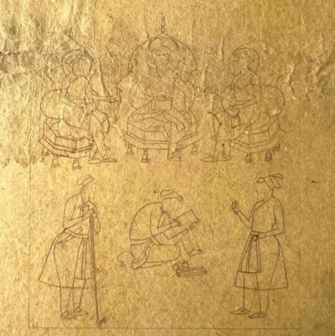 INDIAN MUGHAL MINIATURE SKETCH – ROYAL COURT SCENE INCLUDING ARTIST PAINTING MINIATURE, SEATED ON: INDIAN MUGHAL MINIATURE SKETCH – ROYAL COURT SCENE INCLUDING ARTIST PAINTING MINIATURE, SEATED ON THE FLOORA DETAILED MINIATURE SKETCH FROM THE MUGHAL SCHOOL DEPICTING A ROYAL COURT SCENE WHERE AN A
