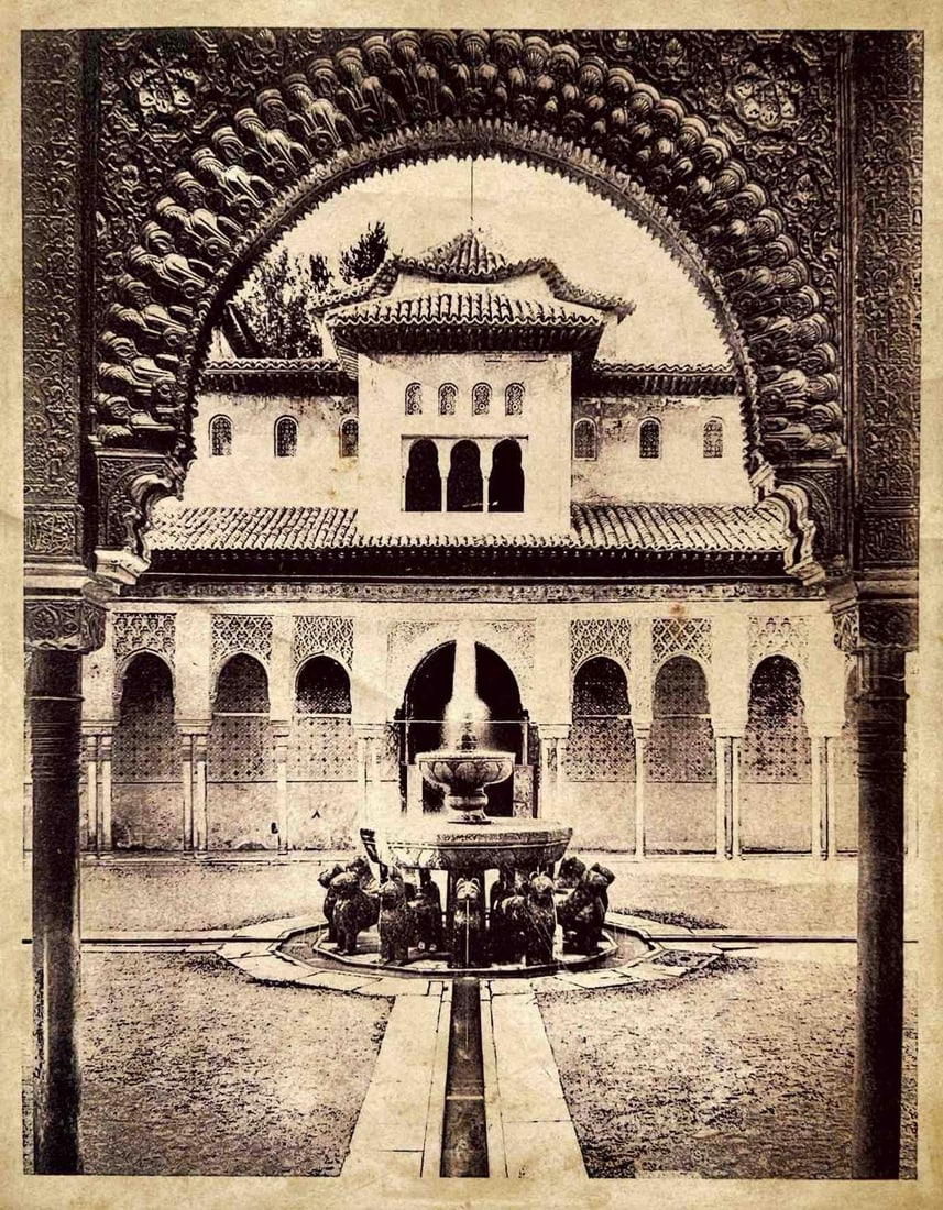 COURT OF THE LIONS – ALHAMBRA PALACE, GRANADA, SPAIN - PRINT: COURT OF THE LIONS – ALHAMBRA PALACE, GRANADA, SPAIN - PRINTTHIS HISTORIC PHOTOGRAPH DEPICTS THE FAMOUS “COURT OF THE LIONS” IN THE ALHAMBRA, AN ICON OF ISLAMIC ARCHITECTURE IN MEDIEVAL SPAI