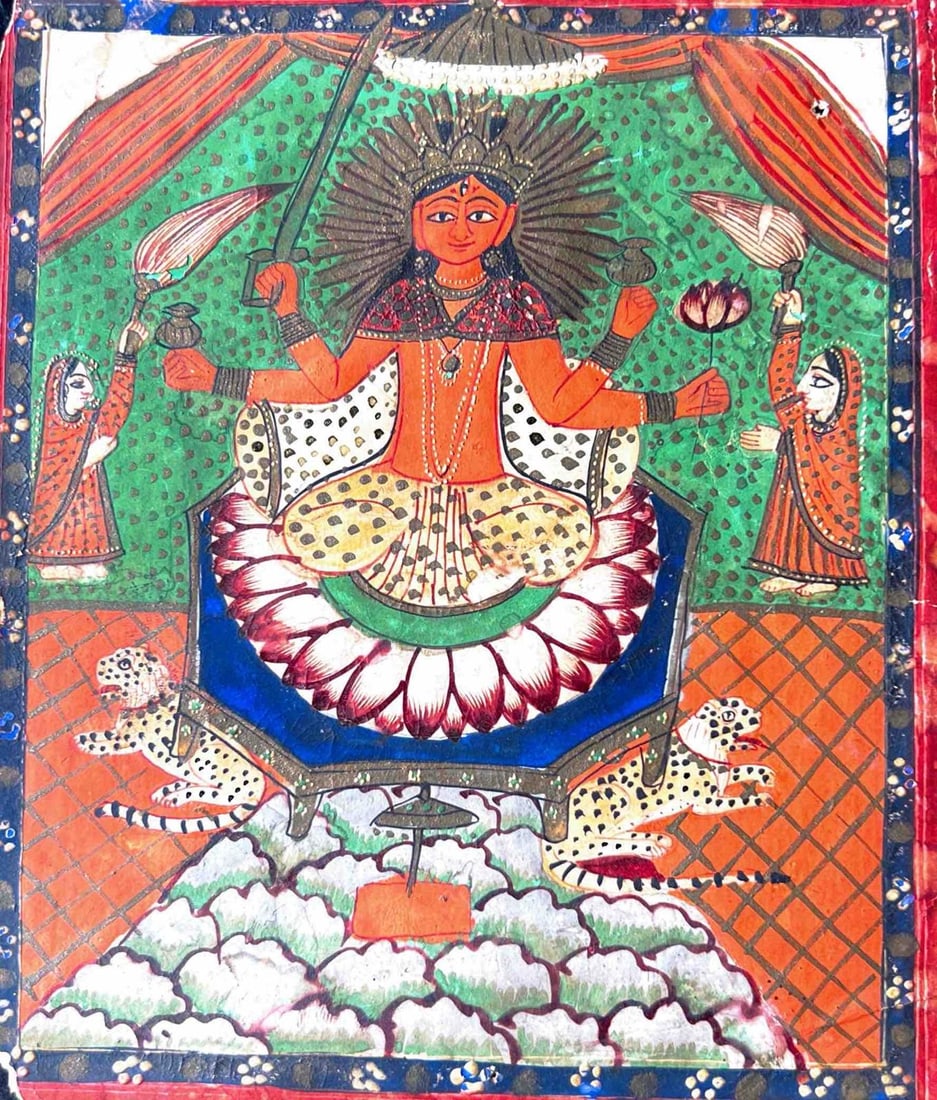 GODDESS DURGA ON HER THRONE KANGRA SACHOOL DEVI SERIES: GODDESS DURGA ON HER THRONE KANGRA SACHOOL DEVI SERIESTHIS VIBRANT PAINTING DEPICTS GODDESS DURGA SEATED MAJESTICALLY ON A LOTUS THRONE, SUPPORTED BY TWO LEOPARDS. WITH HER MULTIPLE ARMS, SHE HOLDS SY