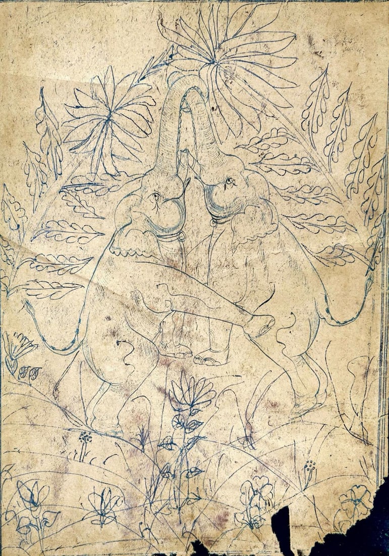 ELEPHANTS IN DANCE – MUGHAL-STYLE PEN SKETCH KOTA SACHOOL: ELEPHANTS IN DANCE – MUGHAL-STYLE PEN SKETCH KOTA SACHOOLTHIS DELICATE LINE DRAWING DEPICTS TWO ELEPHANTS IN A PLAYFUL OR AFFECTIONATE EMBRACE, THEIR TRUNKS ENTWINED AND BODIES FACING EACH OTHER IN