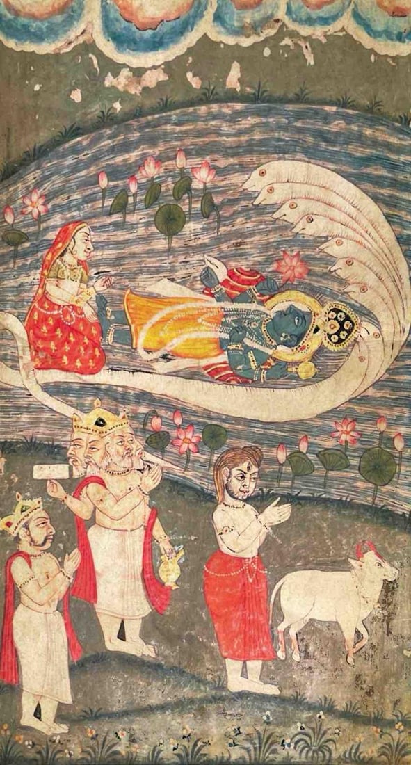 VISHNU RESTING ON SHESHANAGA: VISHNU RESTING ON SHESHANAGATHIS VIBRANT DEVOTIONAL PAINTING DEPICTS LORD VISHNU RECLINING ON THE SERPENT SHESHANAGA IN THE COSMIC OCEAN. HIS DARK BLUE FORM IS ADORNED WITH INTRICATE ORNAMENTATION AND