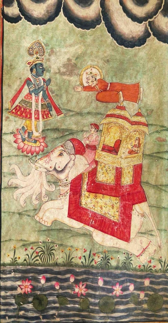 INDRA ARRIVES TO HONOUR VISHNU: INDRA ARRIVES TO HONOUR VISHNUIN THIS VIBRANT MYTHOLOGICAL PAINTING, LORD VISHNU STANDS SERENELY ON A LOTUS, ADORNED IN ROYAL GARMENTS AND ORNAMENTS, HIS BLUE COMPLEXION GLOWING DIVINELY. ABOVE HIM, I