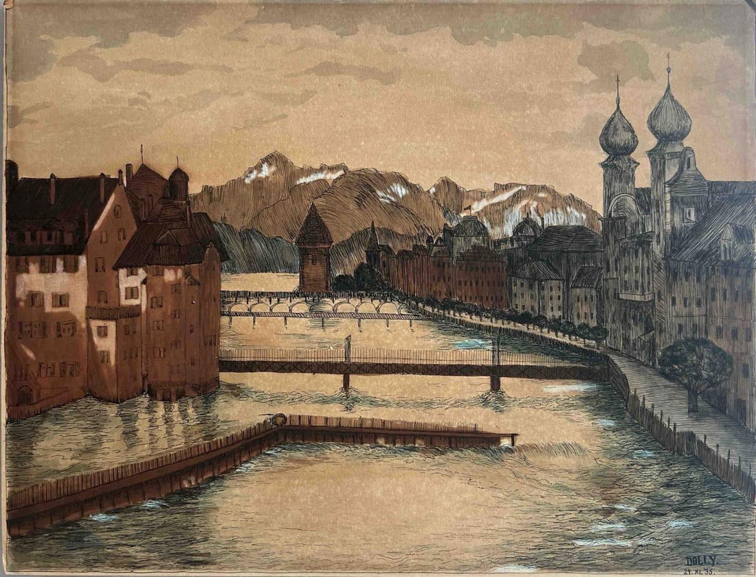 LUCERNE’S CHAPEL BRIDGE WITH ALPS IN THE BACKGROUND (1 of 2)