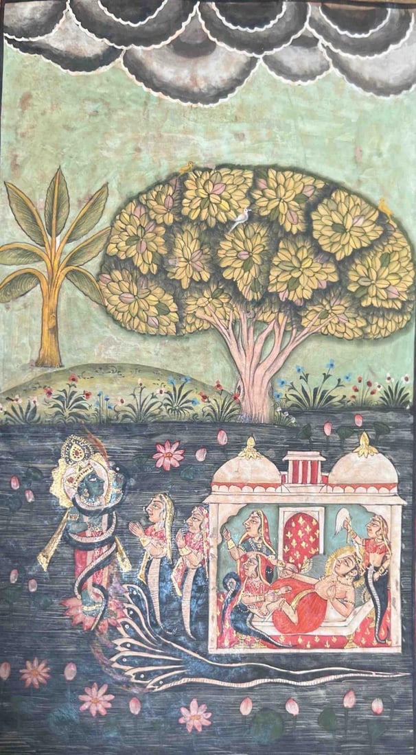 VISHNU ON SHESHNAG WITH KRISHNA AND GOPIS IN DEVOTIONAL PROCESSION: VISHNU ON SHESHNAG WITH KRISHNA AND GOPIS IN DEVOTIONAL PROCESSIONA TRADITIONAL INDIAN PAINTING DEPICTING LORD VISHNU RESTING ON THE COSMIC SERPENT SHESHNAG, SURROUNDED BY ATTENDANTS IN A FLOATING SHR