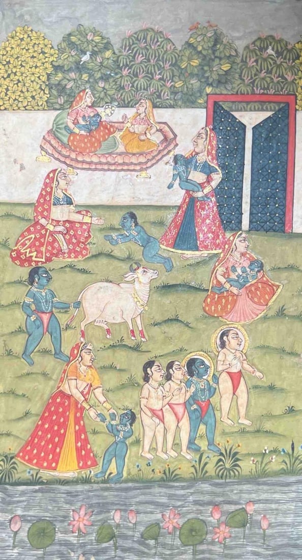 KRISHNA’S CHILDHOOD PLAY – TRADITIONAL MINIATURE PAINTING: KRISHNA’S CHILDHOOD PLAY – TRADITIONAL MINIATURE PAINTINGTHIS VIBRANT MINIATURE DEPICTS THE YOUNG LORD KRISHNA IN MULTIPLE SCENES OF CHILDHOOD MERRIMENT IN GOKUL. SEVERAL BLUE-SKINNED CHILD KRISHN