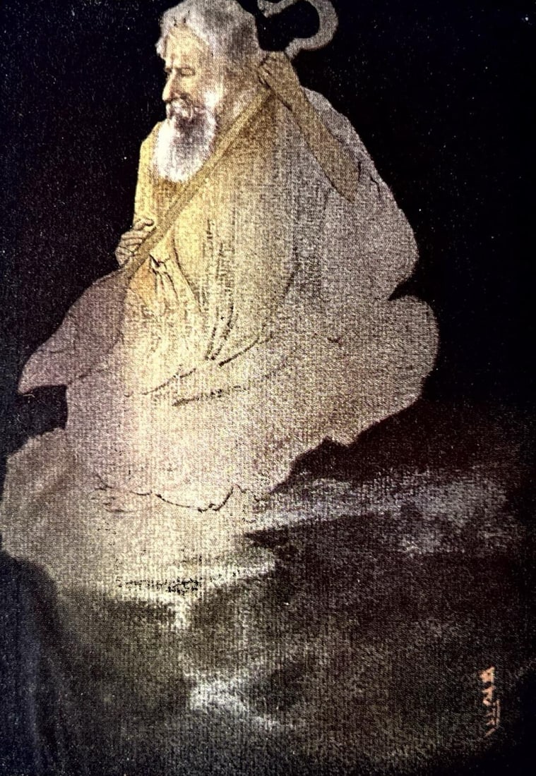 THE SAGE IN CONTEMPLATION – MYSTICAL EASTERN INK STYLE PORTRAIT - PRINT: THE SAGE IN CONTEMPLATION – MYSTICAL EASTERN INK STYLE PORTRAIT - PRINTTHIS EVOCATIVE PAINTING DEPICTS A BEARDED ELDERLY SAGE DRAPED IN FLOWING ROBES, SEATED IN DEEP THOUGHT WHILE HOLDING A STAFF. T