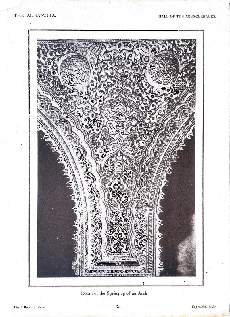 DETAIL OF THE SPRINGING OF AN ARCH – THE ALHAMBRA, HALL OF THE ABENCERRAGES - PRINT: DETAIL OF THE SPRINGING OF AN ARCH – THE ALHAMBRA, HALL OF THE ABENCERRAGES - PRINTA STRIKING BLACK-AND-WHITE PHOTOGRAPH SHOWING THE INTRICATE STUCCO AND ARABESQUE DECORATION FROM THE ALHAMBRA PALAC