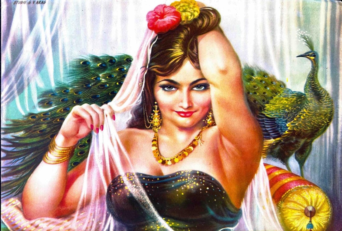 SENSUAL BEAUTY IN VINTAGE INDIAN POSTER ART - PRINT: SENSUAL BEAUTY IN VINTAGE INDIAN POSTER ART - PRINTTHIS VIVIDLY COLORED IMAGE IS A CLASSIC EXAMPLE OF INDIAN BAZAAR OR CALENDAR ART FROM THE MID-20TH CENTURY. A BEAUTIFUL WOMAN, DRESSED IN A SHIMMERIN