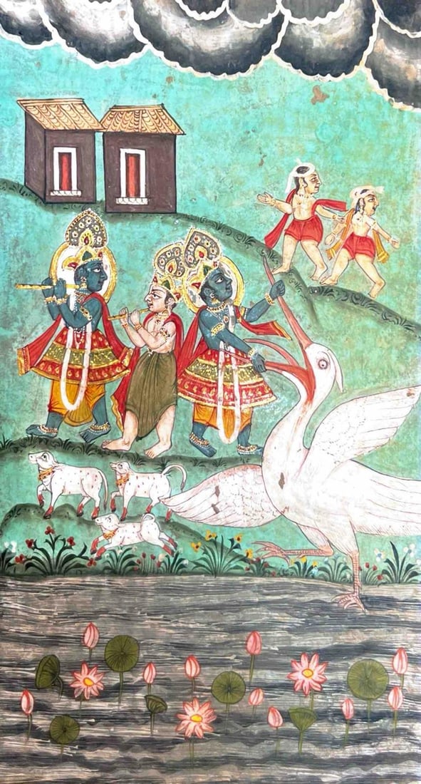 KRISHNA SLAYS THE CRANE DEMON BAKASURA: KRISHNA SLAYS THE CRANE DEMON BAKASURATHIS TRADITIONAL INDIAN PAINTING DEPICTS A SCENE FROM KRISHNA’S CHILDHOOD, WHERE HE VANQUISHES BAKASURA—A DEMON SENT BY KANSA WHO TOOK THE FORM OF A GIANT CRA