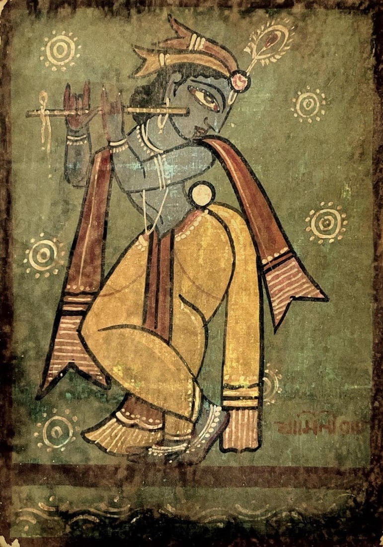 JAMINI ROY ( 1887 - 1972 ) LORD KRISHNA PLAYING FLUTE – FOLK ART STYLE: JAMINI ROY ( 1887 - 1972 ) LORD KRISHNA PLAYING FLUTE – FOLK ART STYLEA VINTAGE-STYLE PAINTING OF LORD KRISHNA IN A CHARACTERISTIC TRIBHANGA POSTURE, DEPICTED WITH A DARK BLUE COMPLEXION, YELLOW DHO