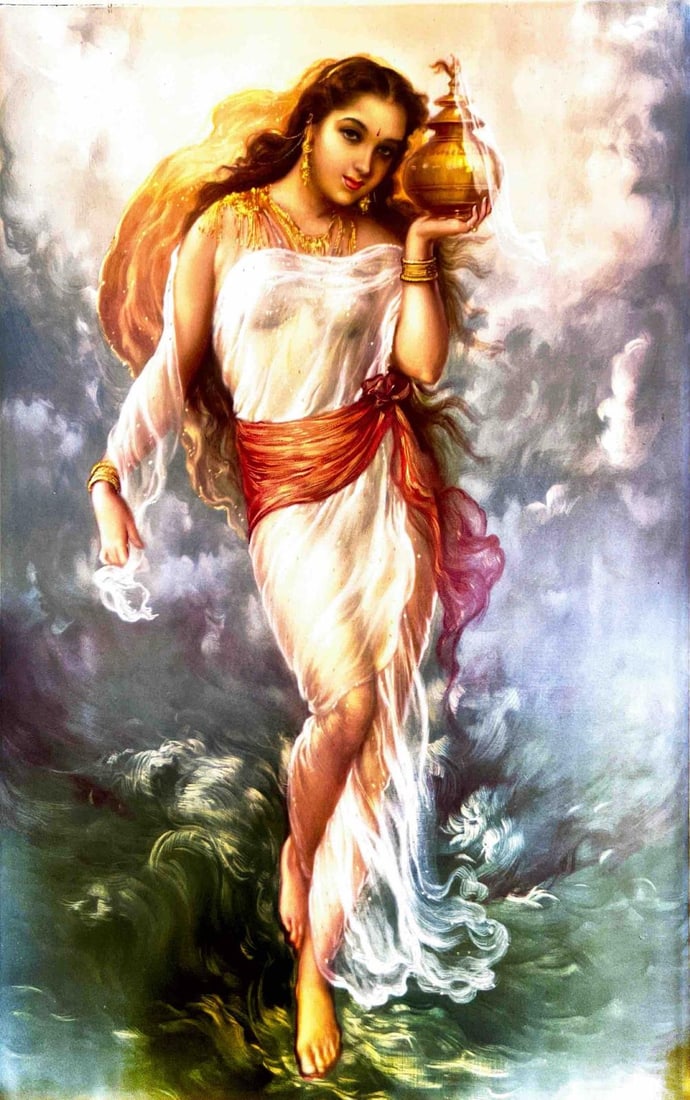 GANGA – THE DIVINE RIVER GODDESS - PRINT: GANGA – THE DIVINE RIVER GODDESS - PRINTTHIS IS A CLASSICAL PORTRAYAL OF GANGA, THE HINDU GODDESS AND PERSONIFICATION OF THE SACRED RIVER GANGES. SHE IS DEPICTED IN DIVINE FEMININE GRACE, DRAPED IN
