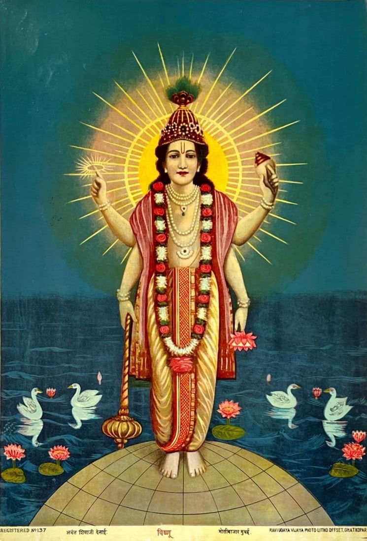 VISHNU – THE PRESERVER OF THE COSMOS l OLD LITHOGRAPH PRINT: VISHNU – THE PRESERVER OF THE COSMOS OLD LITHOGRAPH PRINTTHIS IMAGE DEPICTS LORD VISHNU, ONE OF THE PRINCIPAL DEITIES OF THE HINDU TRINITY, REPRESENTING THE PRESERVER OF THE UNIVERSE. STANDING MAJES