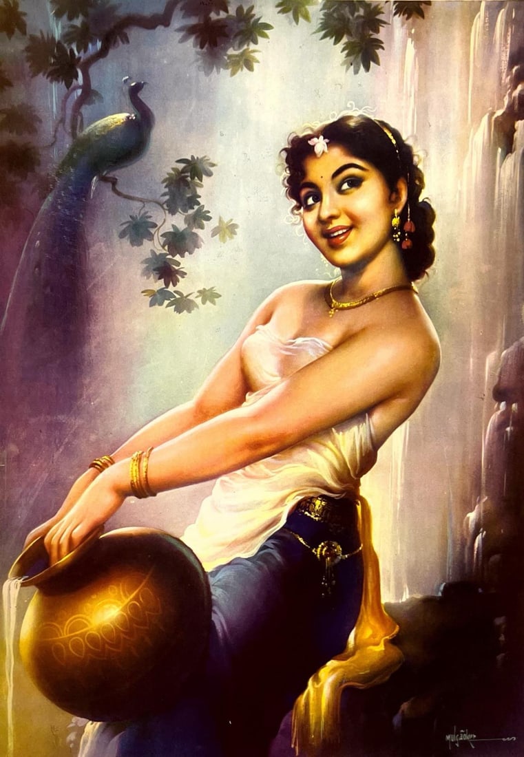 WATER MAIDEN IN A FORESTED PARADISE - PRINT: WATER MAIDEN IN A FORESTED PARADISE - PRINT THIS SENSUOUS PAINTING BY M.V. DHURANDHAR DEPICTS A BEAUTIFUL YOUNG WOMAN IN A LUSH, DREAMLIKE SETTING. SHE IS SEATED BY A WATERFALL, HER POSE GRACEFUL AND