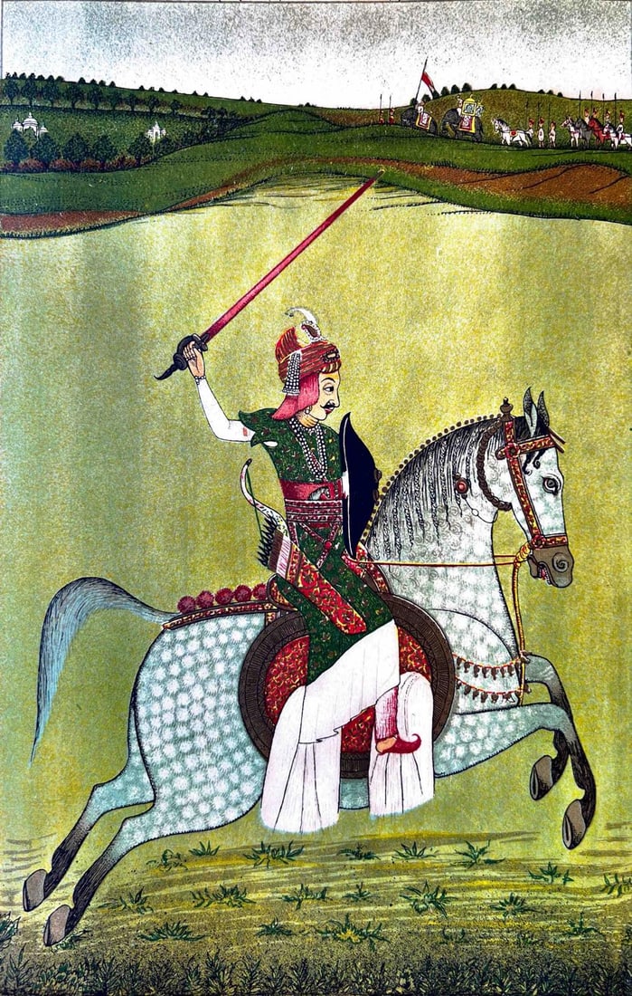 WARRIOR ON HORSEBACK PRINT – A SCENE OF RAJPUT VALOR IN MINIATURE ART - PRINT: WARRIOR ON HORSEBACK PRINT – A SCENE OF RAJPUT VALOR IN MINIATURE ART - PRINTTHIS INTRICATELY DETAILED INDIAN MINIATURE PAINTING FEATURES A GALLANT RAJPUT WARRIOR RIDING A DECORATIVELY CAPARISONED H