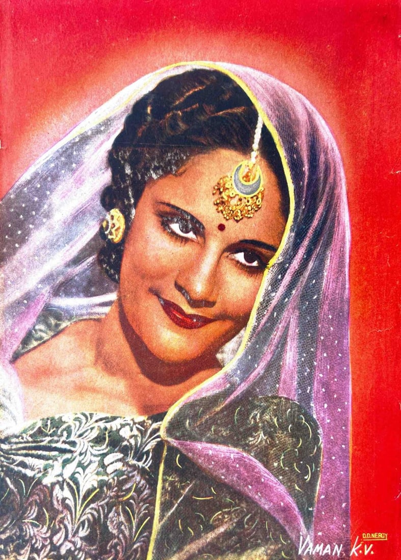 VINTAGE PORTRAIT OF AN INDIAN WOMAN – BOLLYWOOD GLAMOUR IN CLASSIC PRINT STYLE: VINTAGE PORTRAIT OF AN INDIAN WOMAN – BOLLYWOOD GLAMOUR IN CLASSIC PRINT STYLETHIS VIBRANT ILLUSTRATION DEPICTS A BEAUTIFULLY ADORNED INDIAN WOMAN WITH A RADIANT SMILE, HER HEAD COVERED WITH A TRANS
