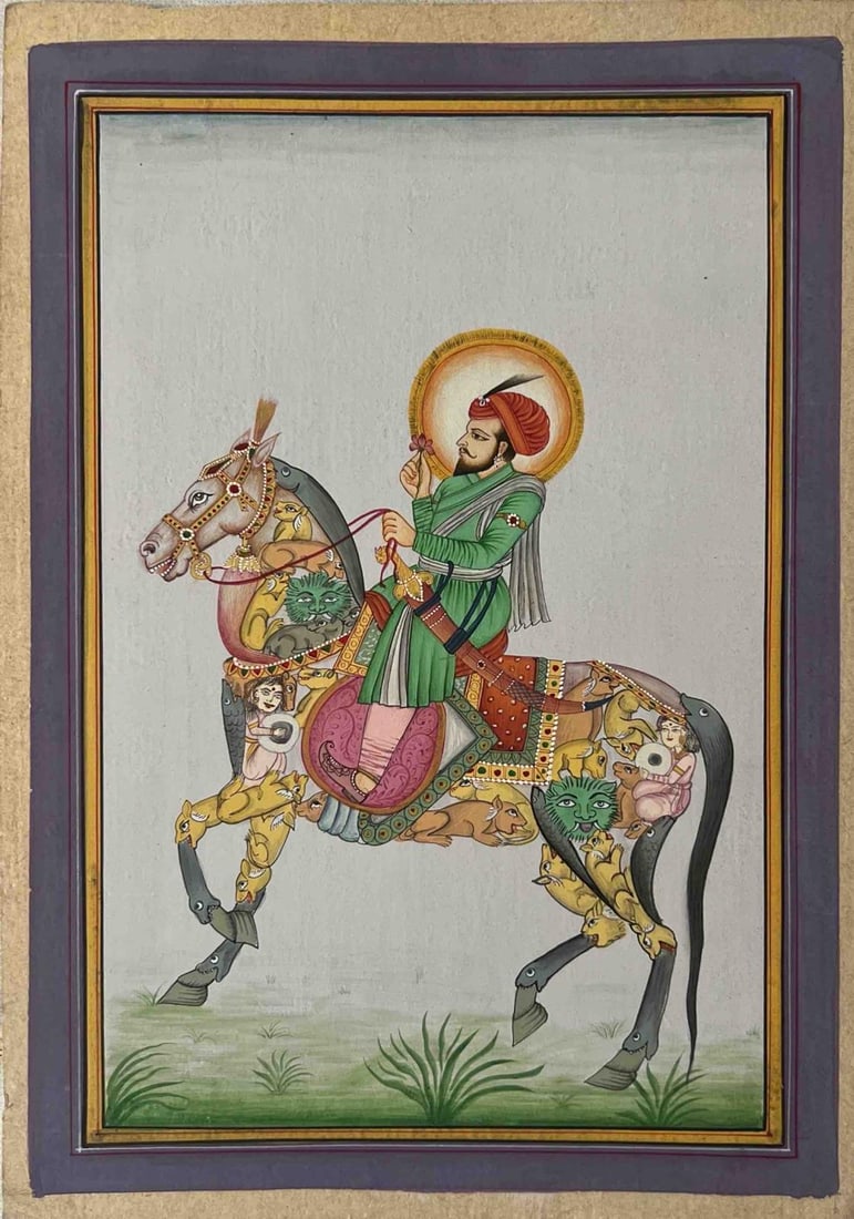 DEVOTEE ON A DIVINE STEED – A SYMBOLIC FOLK PORTRAIT OF COMPOSITE MINIATURE PAINTING: DEVOTEE ON A DIVINE STEED – A SYMBOLIC FOLK PORTRAIT OF COMPOSITE MINIATURE PAINTINGTHIS VIBRANT FOLK ART PAINTING DEPICTS A REGAL FIGURE RIDING A HIGHLY ORNATE AND SYMBOLIC HORSE. THE MAN, DRESSED