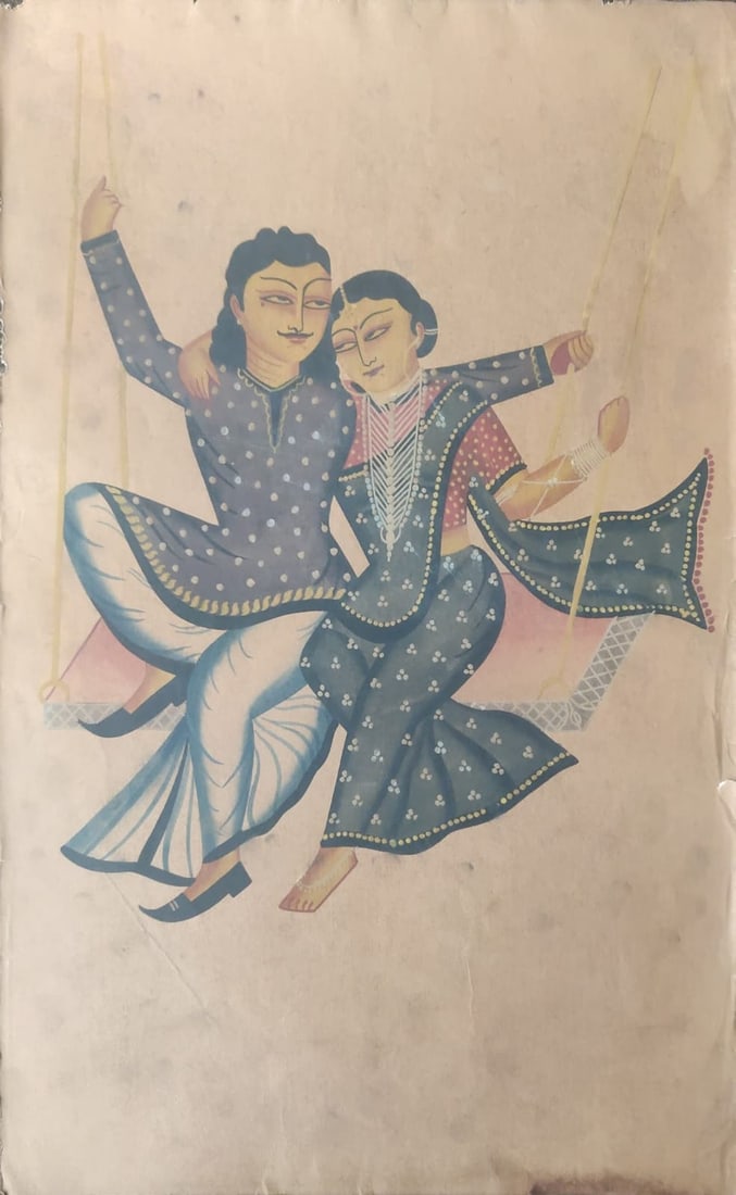 LOVERS ON A SWING IN FESTIVE REPOSE KALIGHAT PAINTING – BENGAL SCHOOL: LOVERS ON A SWING IN FESTIVE REPOSE KALIGHAT PAINTING – BENGAL SCHOOLA TRADITIONAL FOLK PAINTING OF A COUPLE ENJOYING A SWING RIDE, THEIR BODIES INTERTWINED IN TENDER CLOSENESS—CELEBRATING ROMANCE