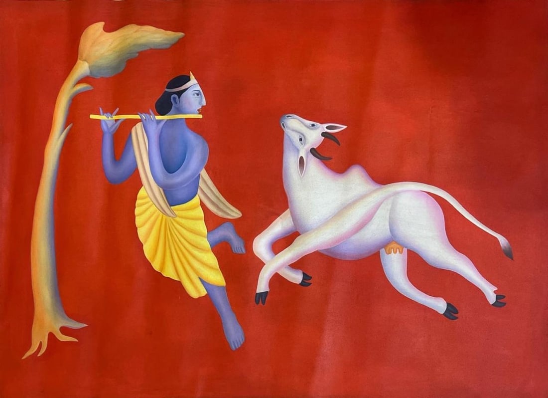 MANJIT BAWA (1941 – 2008) KRISHNA WITH COW – DIVINE SERENITY OIL ON CANVAS 1998 (1 of 2)